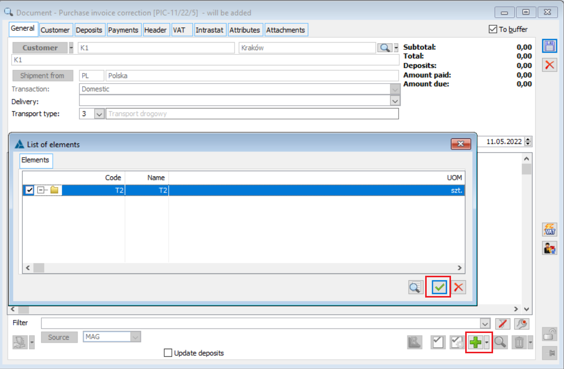 Adding items to a purchase invoice adjustment