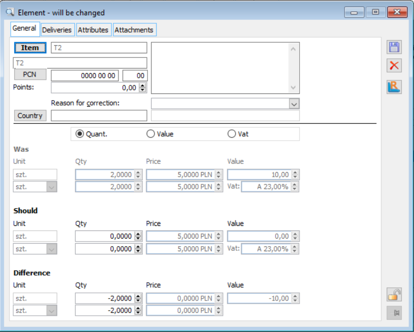 Transaction item adjustment, tab: General.