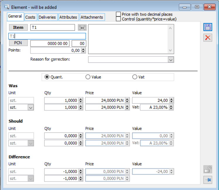 Manual adjustment of a transaction item, tab: General.