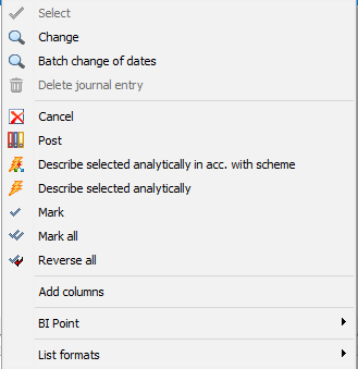 Context menu on the KK list.