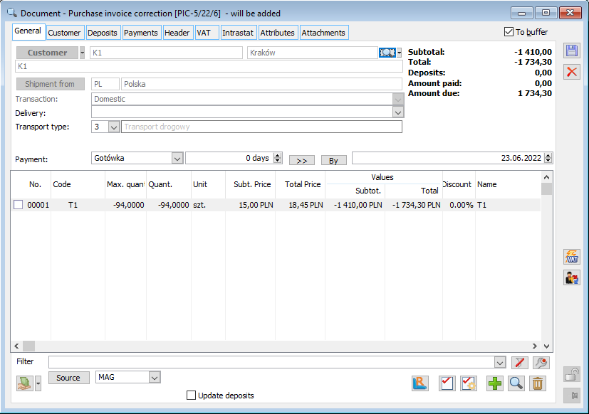 Revenue document adjustment, tab: General.