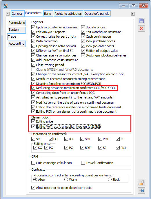 Parameters on the Operator card