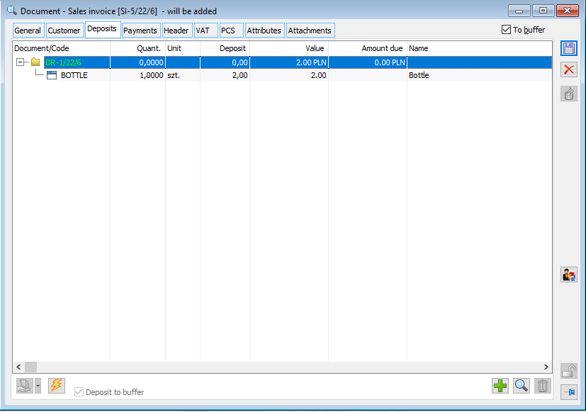 Deposits charged on the sales invoice, on the tab: Deposits.