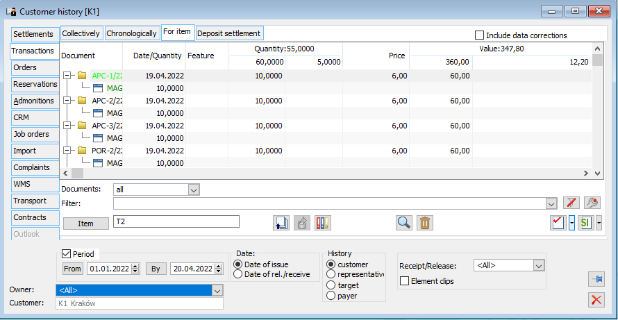 Contractor’s history, tab: Transactions/For the goods.