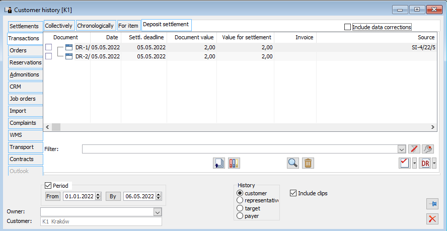 Contractor’s history, tab: Transactions/Settlement of deposits.