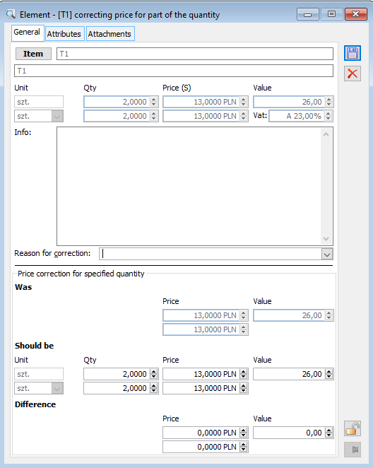 Price adjustment form for parts of quantities.