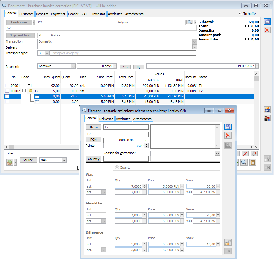 “Technical” element A of the price adjustment for a part of the quantity.