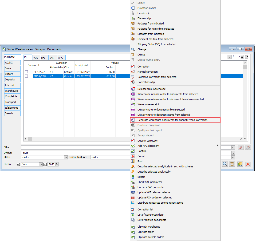 Generating pairs of warehouse documents for C/I correction at the Operator’s request.