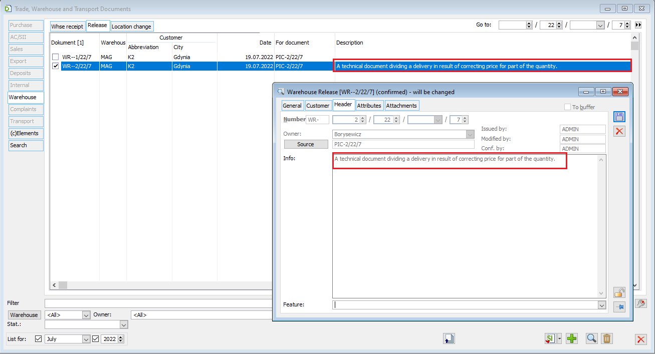 Appropriate annotation on warehouse documents generated for C/I corrections.