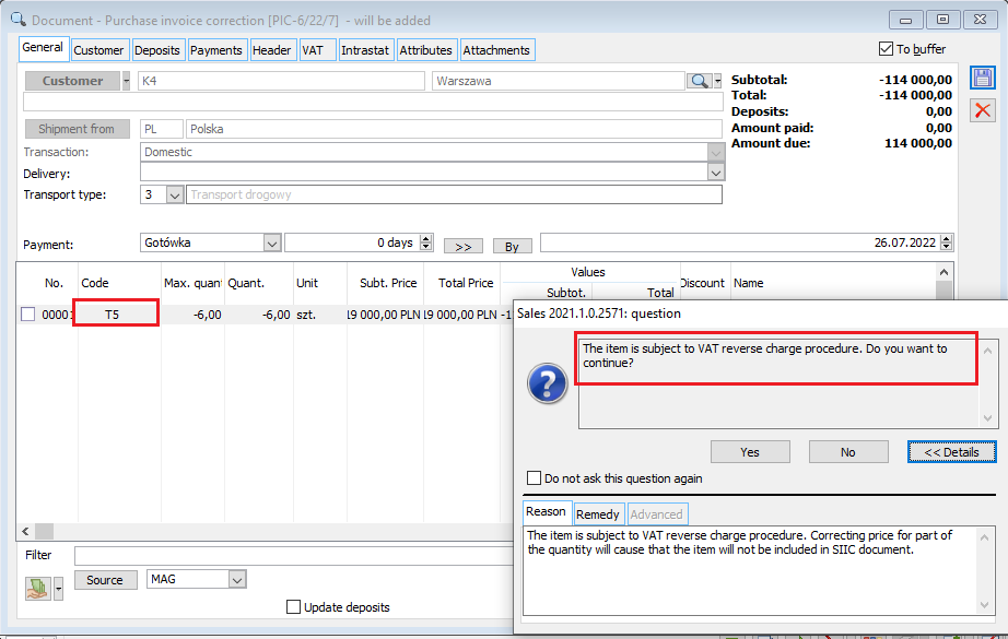 Warning during an I/C correction of a transaction subject to the reverse-charge procedure.