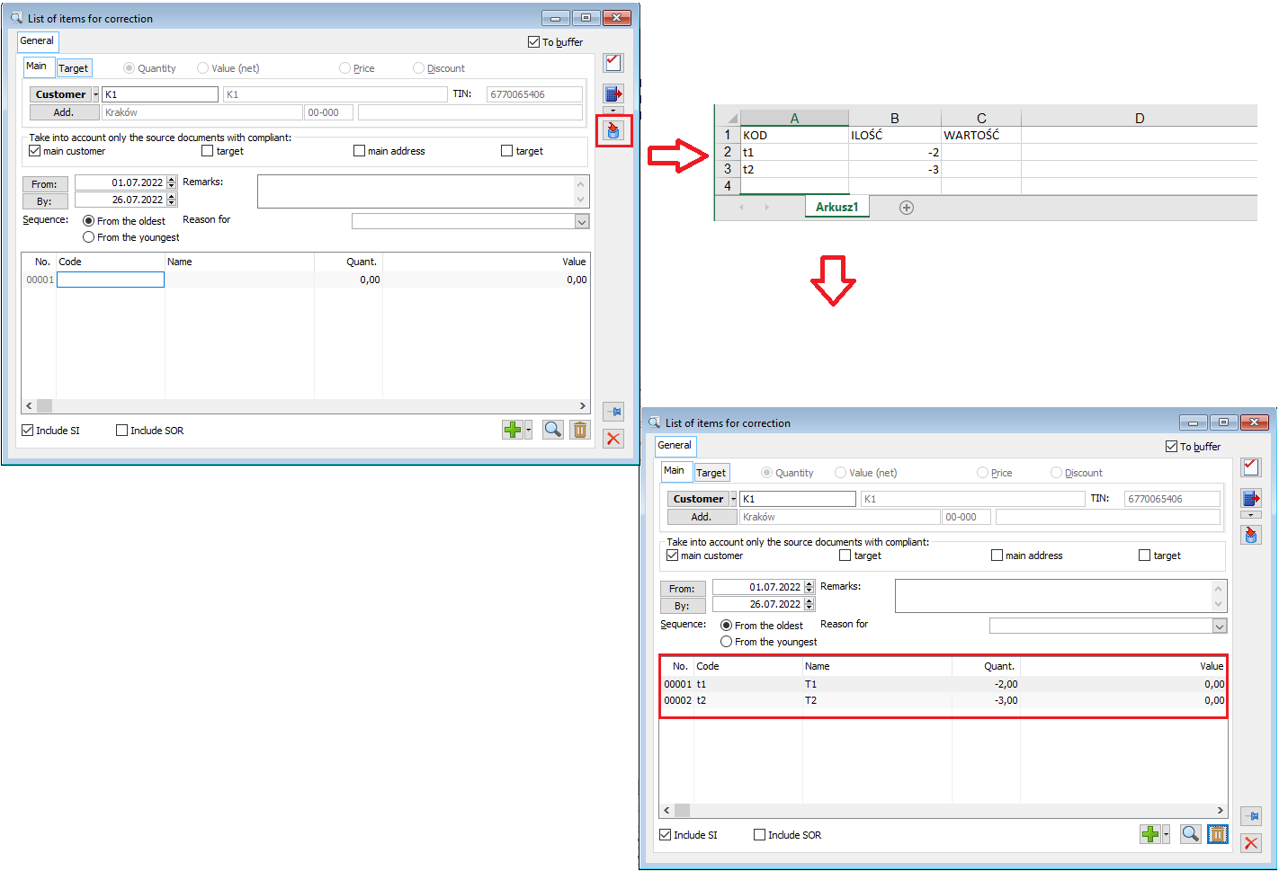 Import of items into the FSK automated correction form