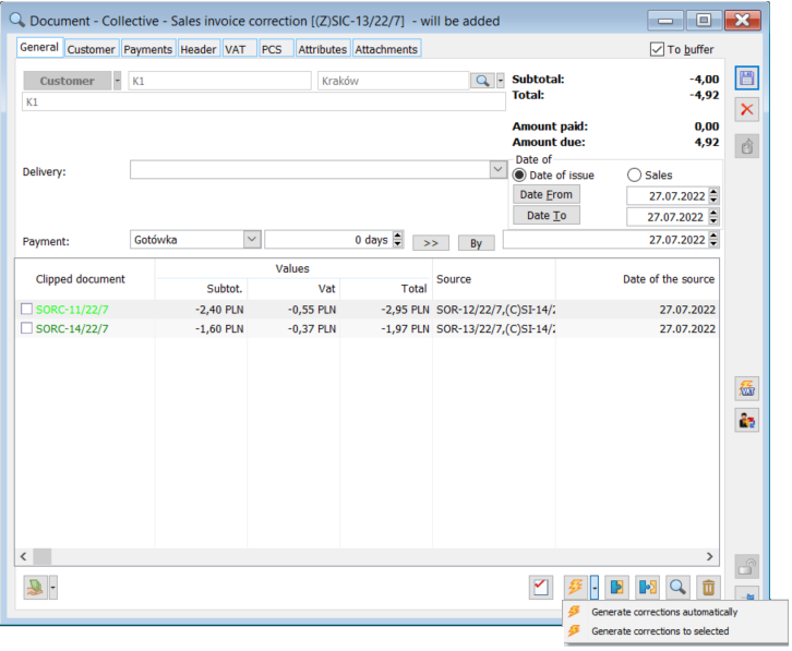 Operation of automatic generation of a correction for FZ/PZ transactions.