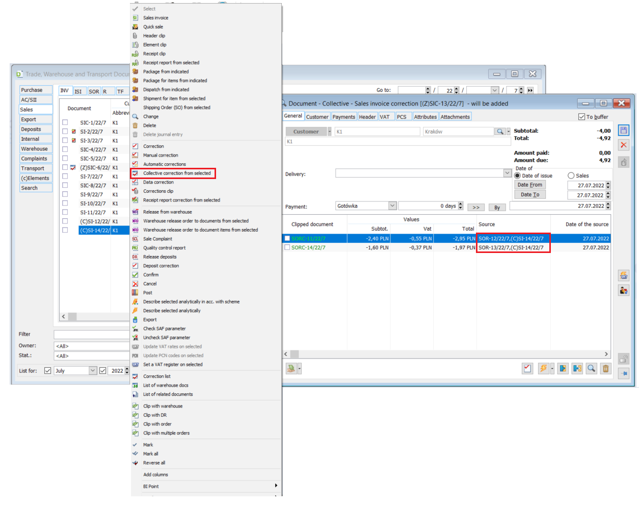 Generating a collective (Z)FSK correction to (s)FS elements clip invoices