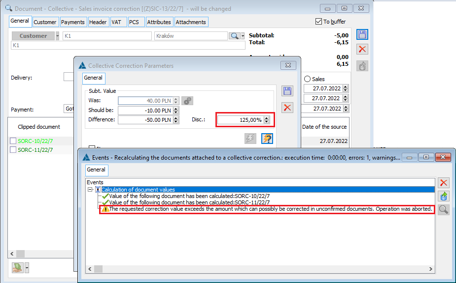 The operation of converting documents bundled according to a new, higher discount – information about exceeding the value that can be corrected.