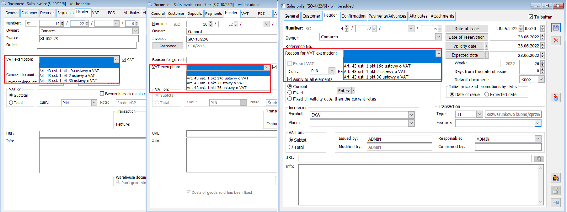 Documents, {Header} tab, reason for VAT exemption.