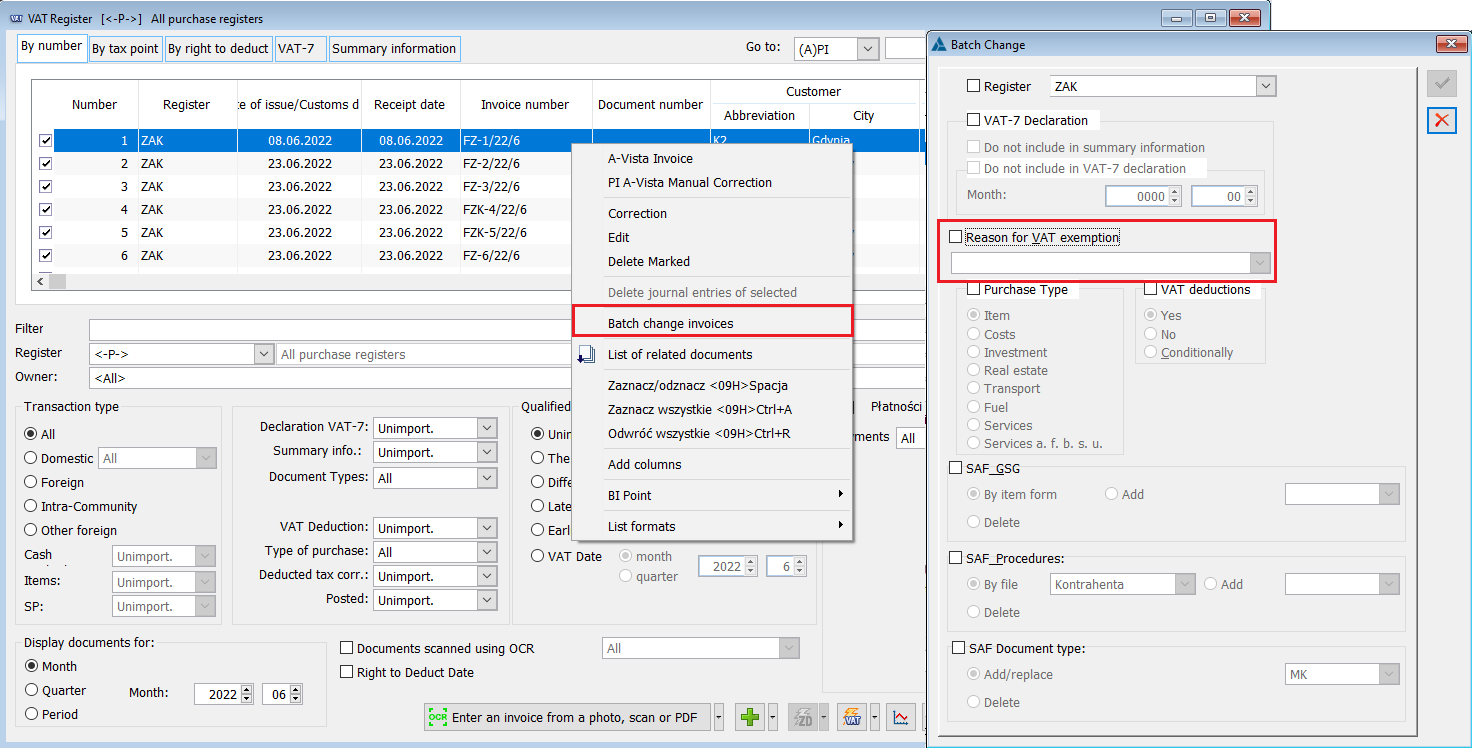 VAT register, serial change of the reason for VAT exemption.