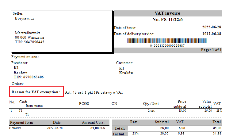 Reason for VAT exemption on document printouts.