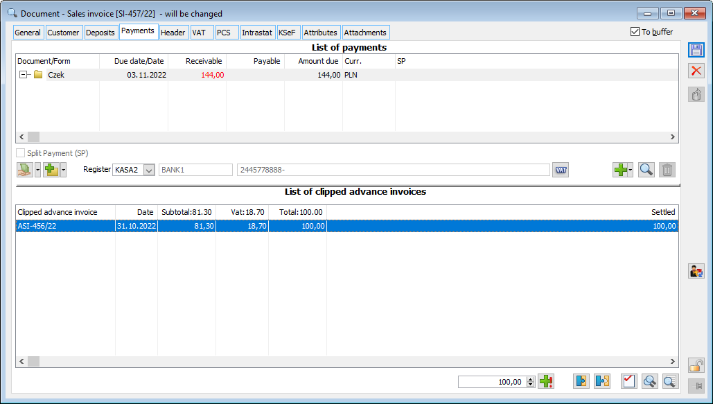 Payments on the final invoice taking into account the value settled on the advance payment invoice.