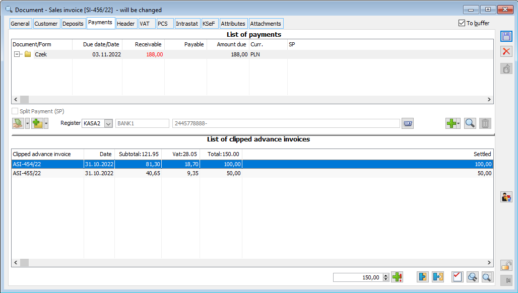 Payments on the final invoice taking into account the advance payment invoices valued PLN 100 and PLN 50.