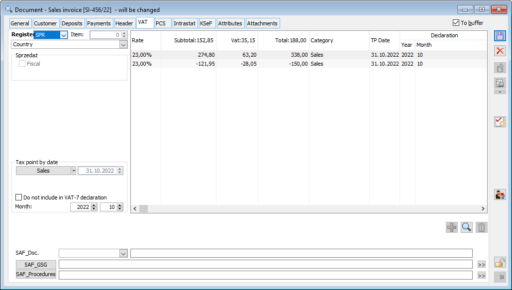 Tab: VAT of the final invoice, including advance payment invoices, whose total settlement amount is PLN 150.