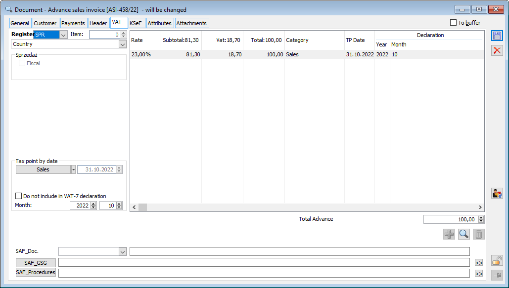 Sales advance payment invoice, tab: VAT.