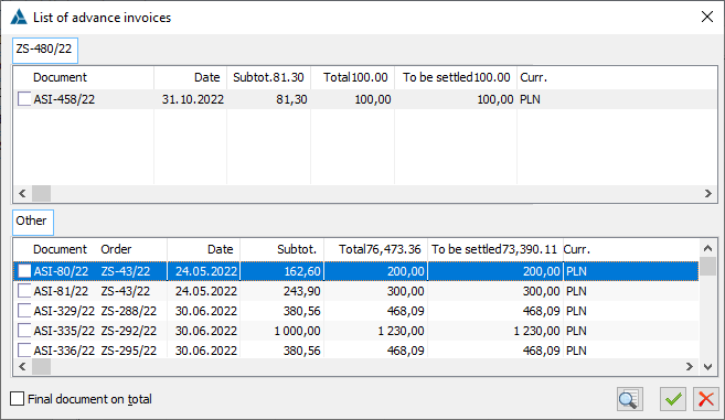 Generating SI from sales order SO1 – proposal of deducting an advance payment invoice from SO1 and other orders of this contractor