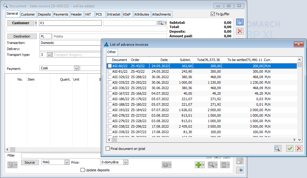 Automatic proposal of advance payment invoice deduction after the contractor has been entered into SI