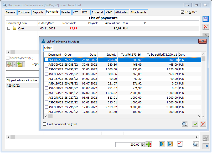 Options for attaching/removing advance payment invoices on the SI document