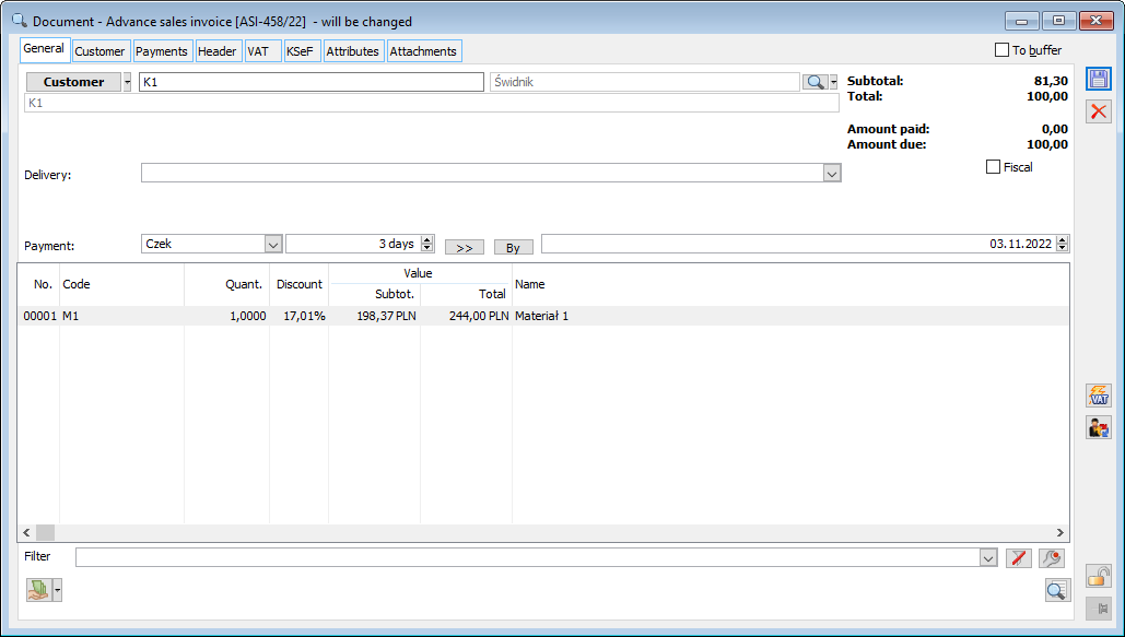 Sales advance payment invoice, tab: General.