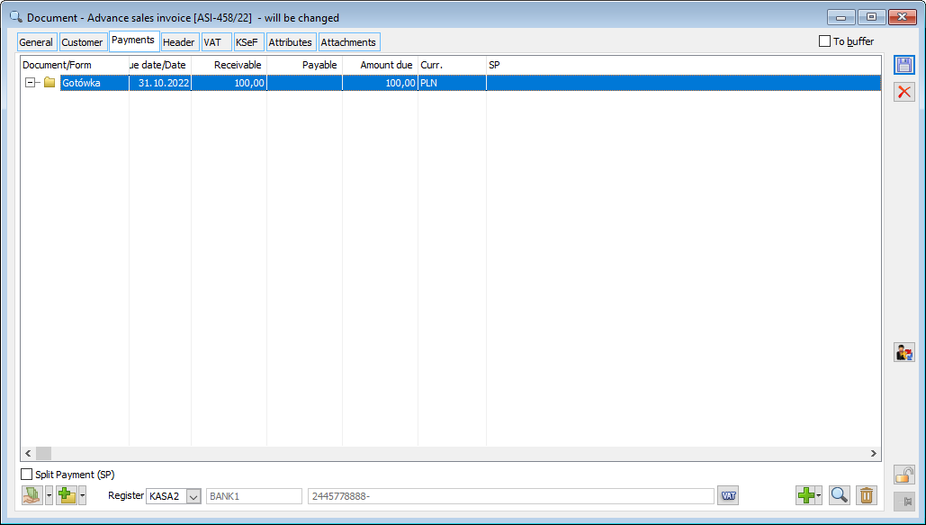 Sales advance payment invoice, tab: Payments.