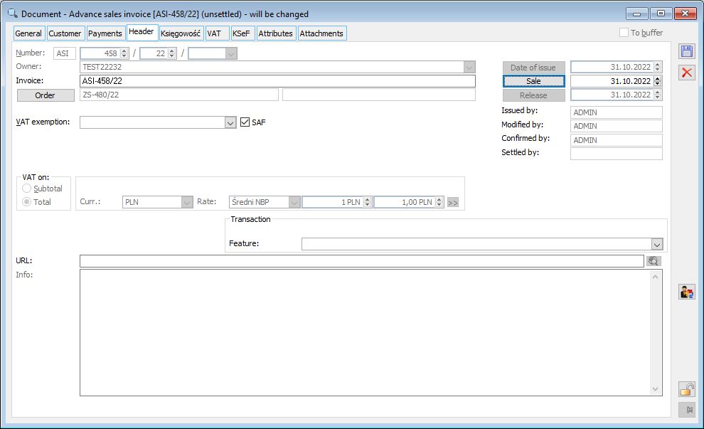 Sales advance payment invoice, tab: Header.