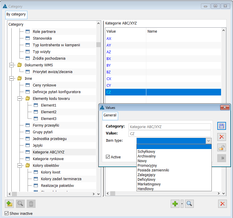 Window: Categories for ABC/XYZ categories and the Item values form for ABC/XYZ categories