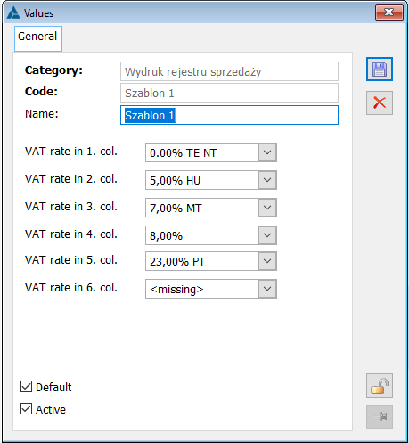 Window: Value for VAT registers printouts category