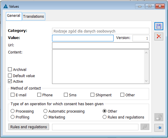 Category dictionaries: Types of consents for personal data