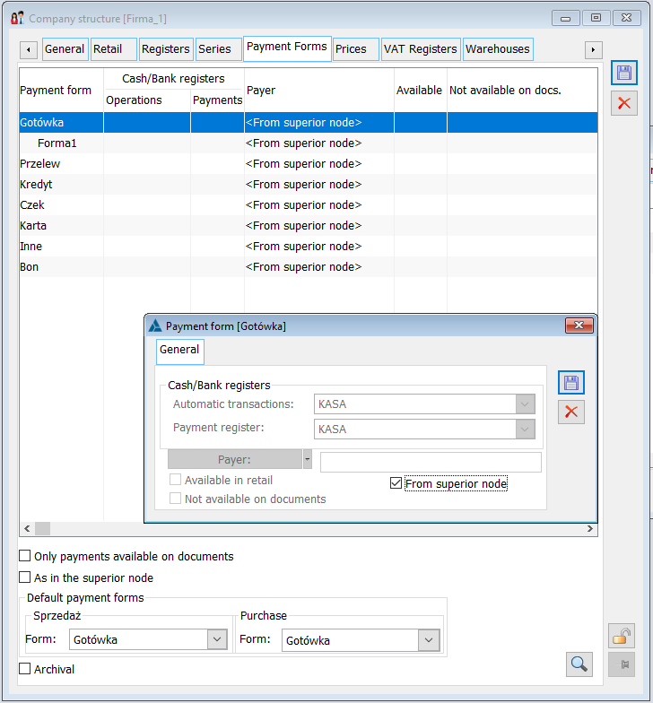 Rights structure edition, tab: Payment methods