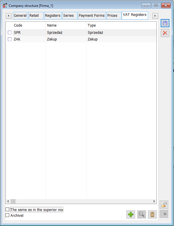 Rights structure edition, tab: VAT registers