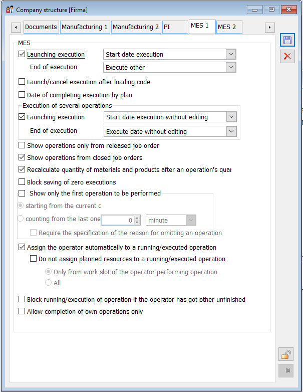 Rights structure edition, tab: MES