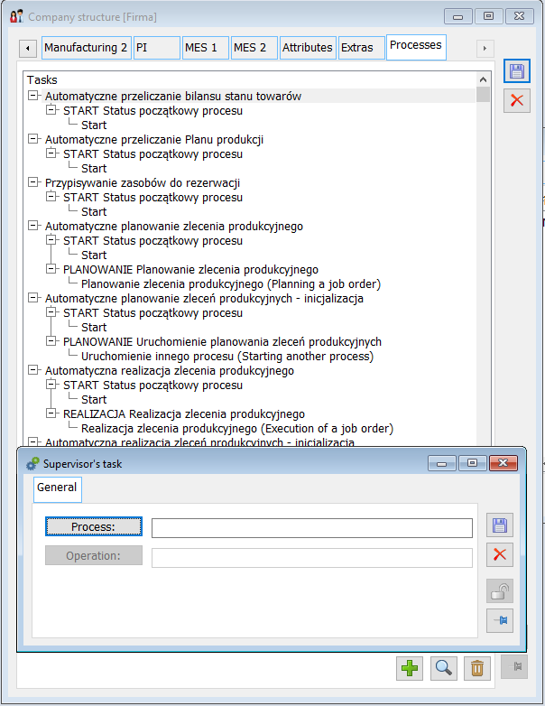 Rights structure edition, tab: Processes