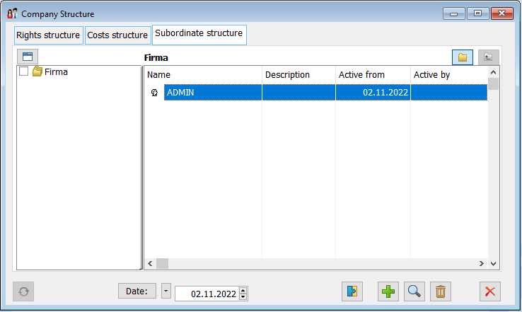 Cost structure edition, tab: Subordinate structure