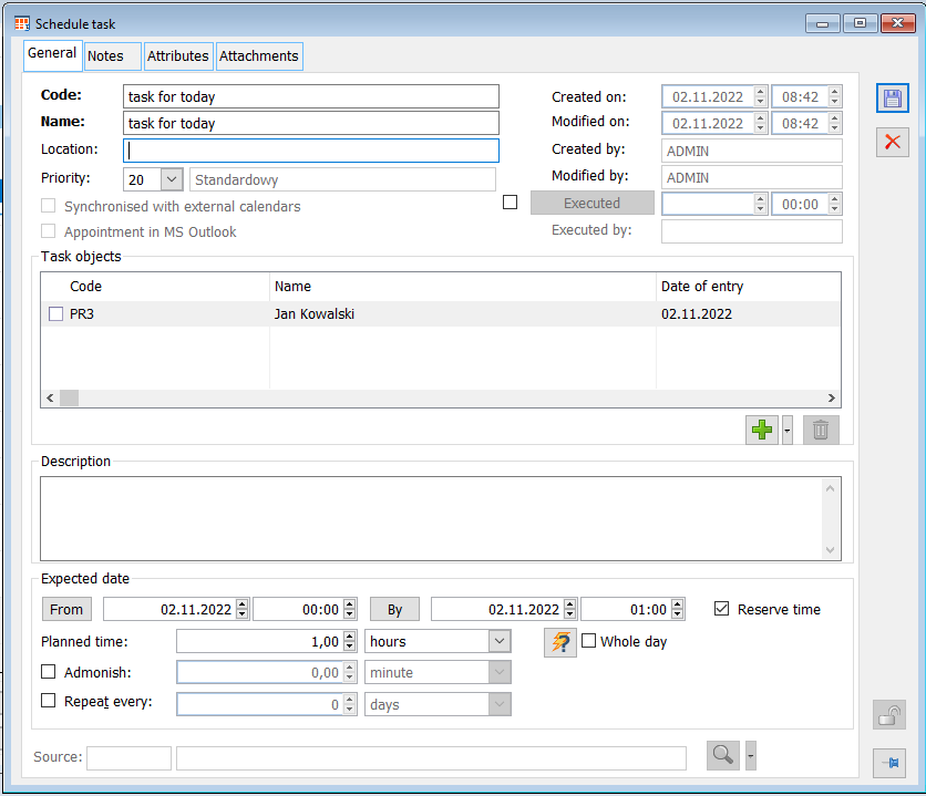 Schedule task, tab: General