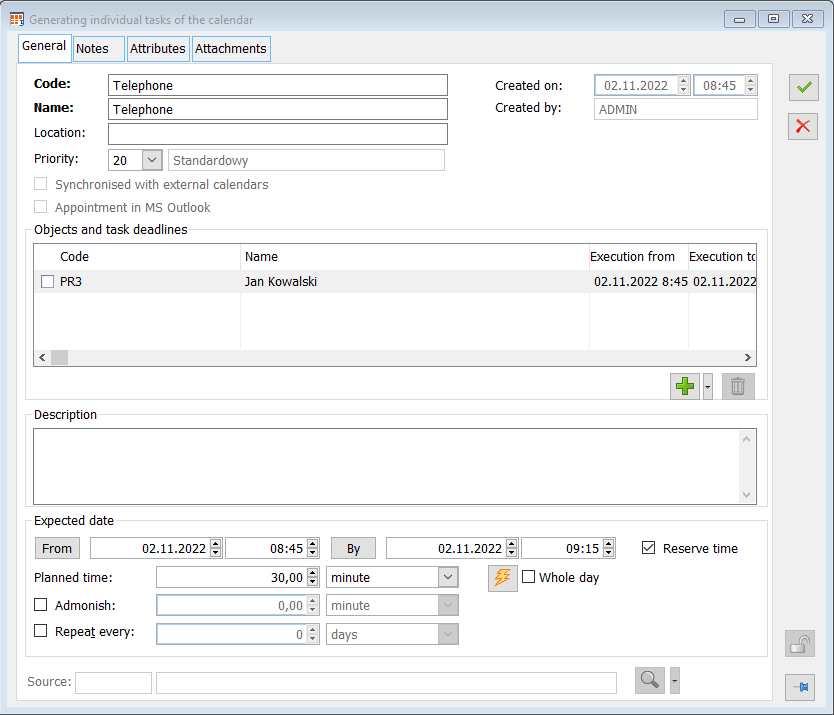 Generating individual tasks of the schedule, tab: General