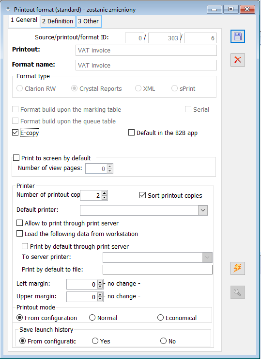 Window: Printout format available after editing the printout definition