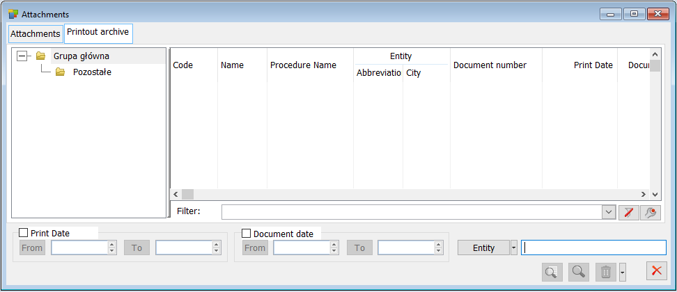 Attachments list, tab: Printouts archive