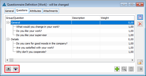 Survey definition, tab: Questions