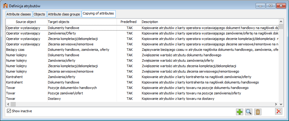 Attributes definition, tab: Copying attributes