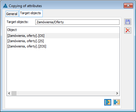 Copying attributes, tab: Target objects A new link is saved by clicking:   [Save].