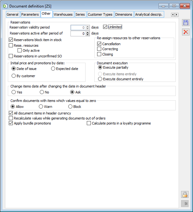 Commission/order document definition, tab: Other