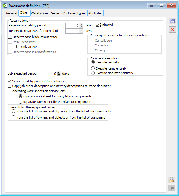 Definition of the repair and maintenance order document, tab: Other Document definition, tab: Warehouses