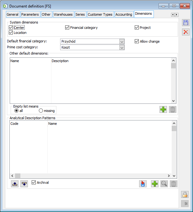 Document definition, tab: Dimensions