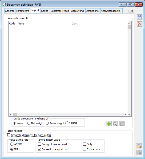 Definition of SII document, tab: Import